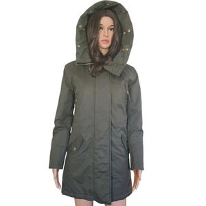 J. Crew Long Hooded Jacket Snap Front Zipper Olive Green Size XXS